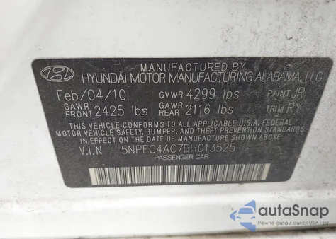 2011 Hyundai Sonata Se from USA, damaged, VIN 5NPEC4AC7BH013525